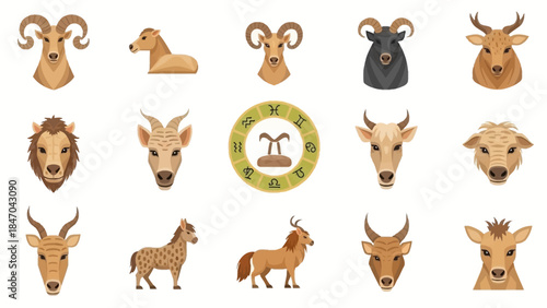 Collection of Zodiac Animal Icons with Aries Symbol in Center