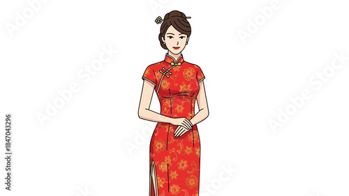 Illustration of a Woman in Traditional Red Cheongsam Dress