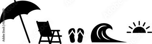 A set of black silhouettes featuring a beach umbrella, chair, flip flops, wave, and sun