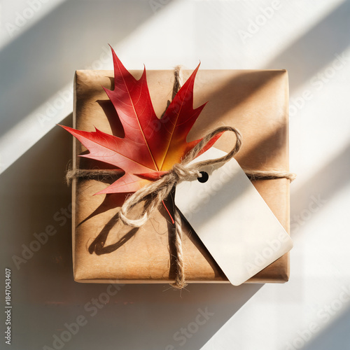 Wallpaper Mural "Autumn Gift Wrapped in Kraft Paper with Maple Leaves and Twine — Cozy Fall Present on Sunlit Surface" Torontodigital.ca