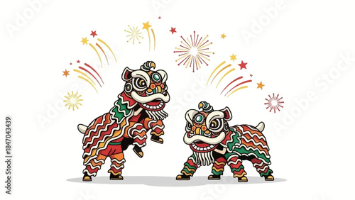Traditional Chinese Lion Dance with Colorful Fireworks Celebration