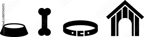 A set of four black dog icons on a white background including a dog bowl bone collar and house in a simple style