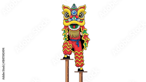Colorful traditional Chinese lion dance costume on stilts