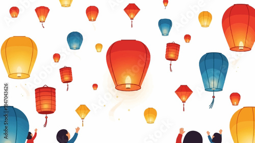 Colorful lanterns floating in the sky during a festive celebration