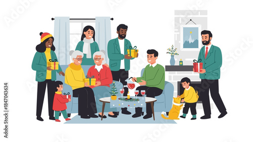 Family gathering exchanging gifts during festive holiday celebration