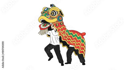 Traditional Chinese Lion Dance Performer in Colorful Costume