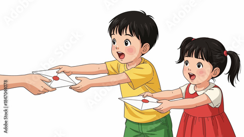 Excited children receiving letters with joyful expressions