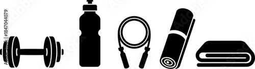 Black and white fitness icons including dumbbell, water bottle, headphones, yoga mat, and towel on a pure white background