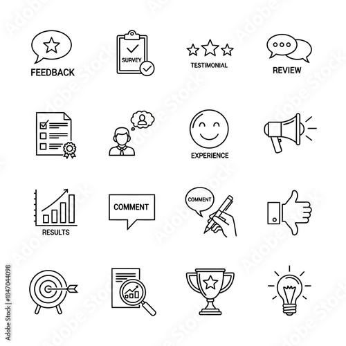 Collection of Icons Representing Customer Feedback, Surveys, Reviews, and User Experience Metrics