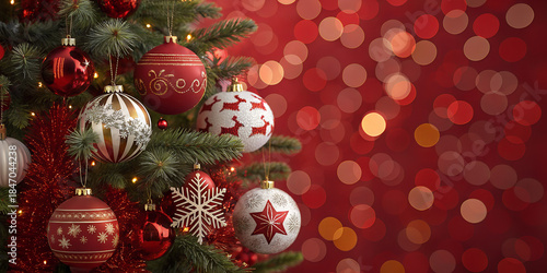 Christmas Tree With Ornament And Bokeh Lights In Red Background