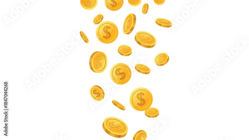 Falling golden coins with dollar signs on white background