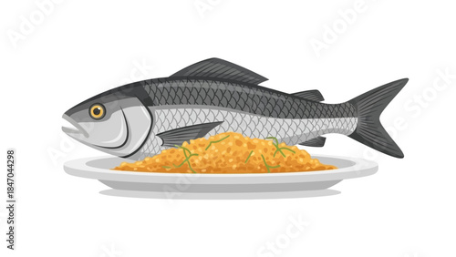 Vector illustration of grilled fish with rice on a plate