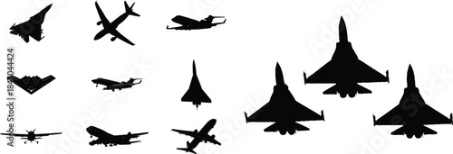 Silhouette of various aircrafts in flight different angles and positions