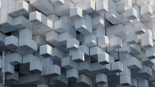 3D render of abstract white cubes forming a flowing wave pattern with soft lighting for modern design projects