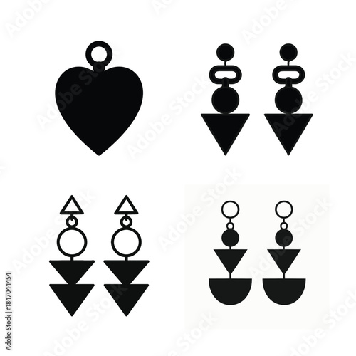 Black silhouette icons of geometric earrings heart pendant and dangling earrings