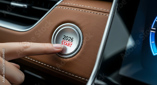 Closeup of finger pressing car ignition button with 2025 start
