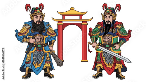 Traditional Chinese warriors standing by ancient archway illustration