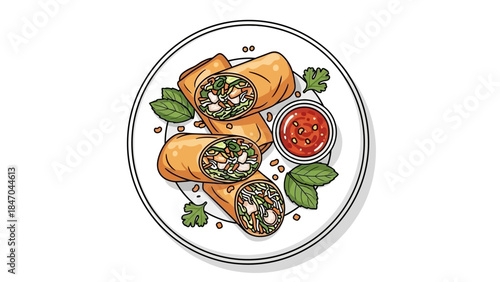 Illustration of delicious spring rolls with dipping sauce on plate