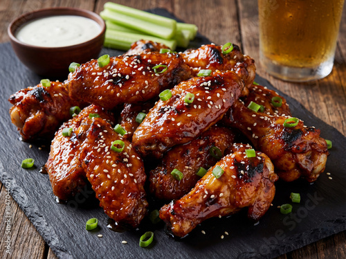 A pile of glossy, sticky glazed BBQ chicken wings, topped with sesame seeds and chopped green onion, served on a black slate platter with celery sticks and dip.