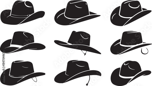 Collection of nine black cowboy hat silhouettes in various styles