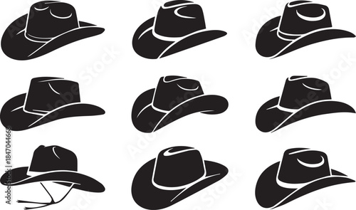 Set of nine black cowboy hat silhouettes in various styles