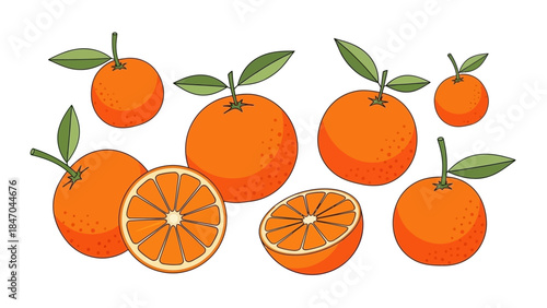 Vector illustration of fresh oranges with green leaves on white background
