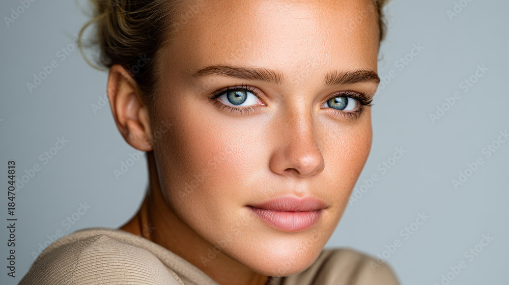 Naklejka premium Fresh Post-Skincare Routine Portrait of European Woman with Luminous Complexion