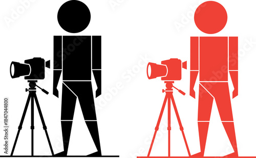 A vector graphic depicting two humanoid figures, one in black and one in red, each standing next to a camera on a tripod