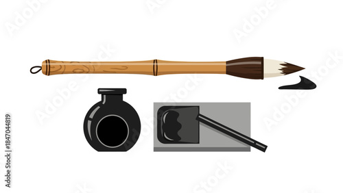 Traditional calligraphy brush set with ink and stone on white background