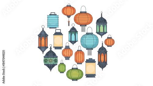 Collection of colorful traditional lanterns on white background