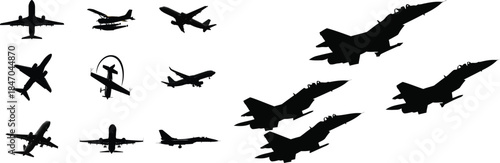 Silhouette of various airplanes in flight black icons