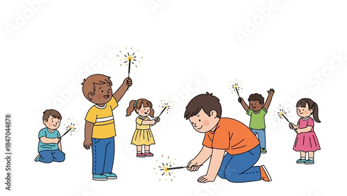 Children playing with sparklers in a joyful outdoor setting
