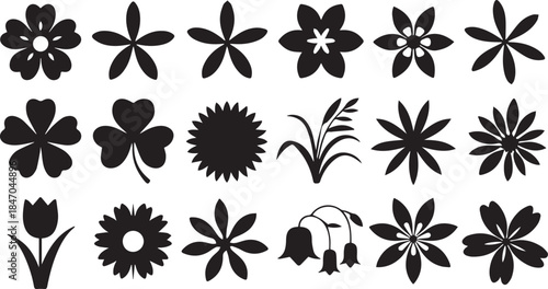 Collection of black flower and plant silhouettes and icons