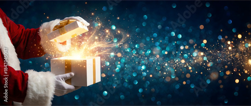 Santa Claus Opening Christmas Present against a magical blue bokeh background.