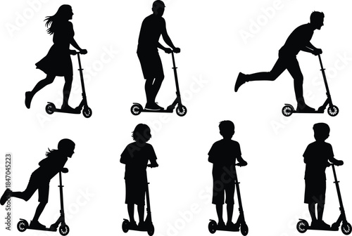 People black silhouettes riding kick scooters in various action poses, kids, men, and women enjoying fun urban transportation, recreational activity vector illustration set.