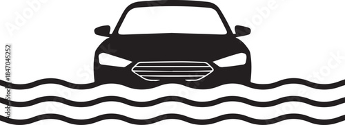 Car driving through flood water icon symbol