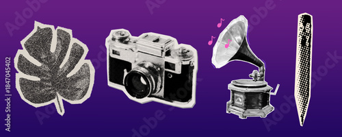 A collection of vintage style objects including a leaf, camera, gramophone, and pencil