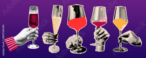 A collection of hands holding various wine glasses with colorful liquids in a digital collage style