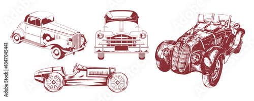 Detailed collection of four vintage automobile sketches showcasing different eras