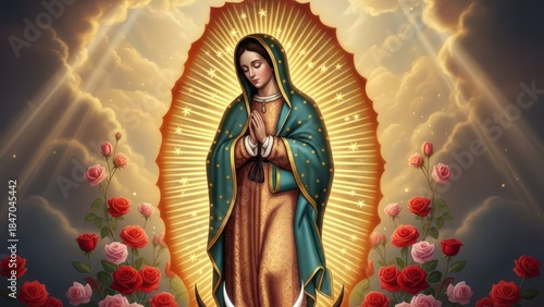 Mary, hands folded in prayer, halo glow, draped in green/gold, roses adorn frame
