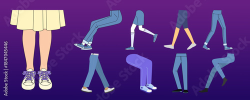 A collection of illustrated human legs demonstrating different walking and standing poses with varied attire