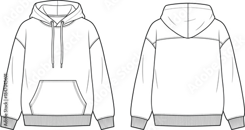 Blank pullover hoodie technical fashion illustration front and back view sweatshirt outline vector apparel mockup template design