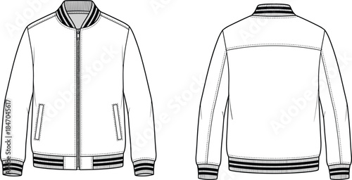 Blank varsity jacket technical fashion illustration front and back view bomber jacket outline vector apparel mockup template
