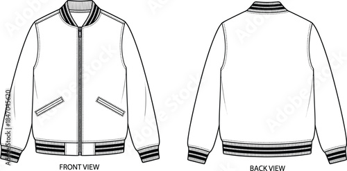Blank varsity jacket technical fashion illustration front and back view bomber jacket outline vector apparel template mockup design