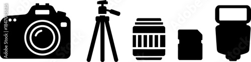 A set of black silhouette icons depicting photography equipment, including a camera, tripod, lens, memory card, and flash, arranged horizontally on a pure white background
