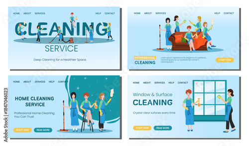 Set banners of professional cleaning service. Cleaners team with equipment, promoting deep cleaning for a healthier and fresher living or working space. Cartoon characters on blue background.