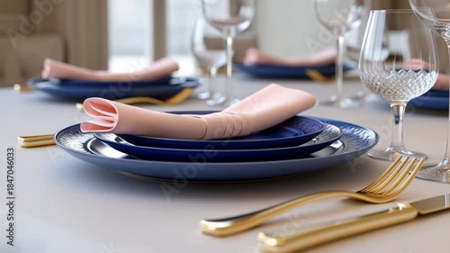 Elegant table setting, with blue plates, pink napkins, and gold cutlery arranged. The arrangement looks simple but classic Stock Video
