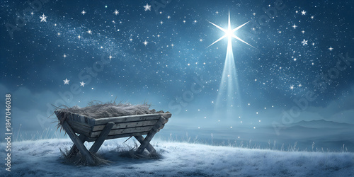 Nativity Scene - Birth Of Jesus Christ With Manger In Snowy Night And Starry Sky - Abstract Defocused Background