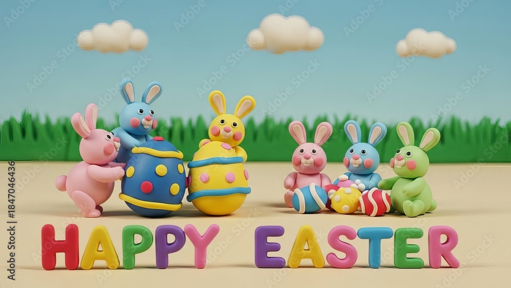 Obraz premium Colorful Easter bunnies with eggs on sandy ground