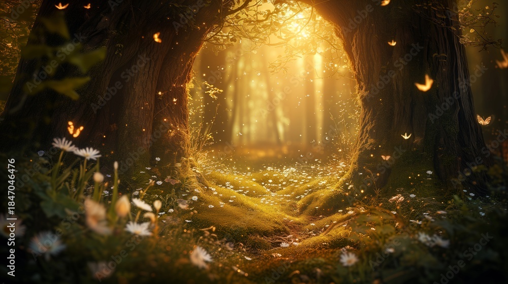 Fototapeta premium Serene woodland scene filled with wildflowers